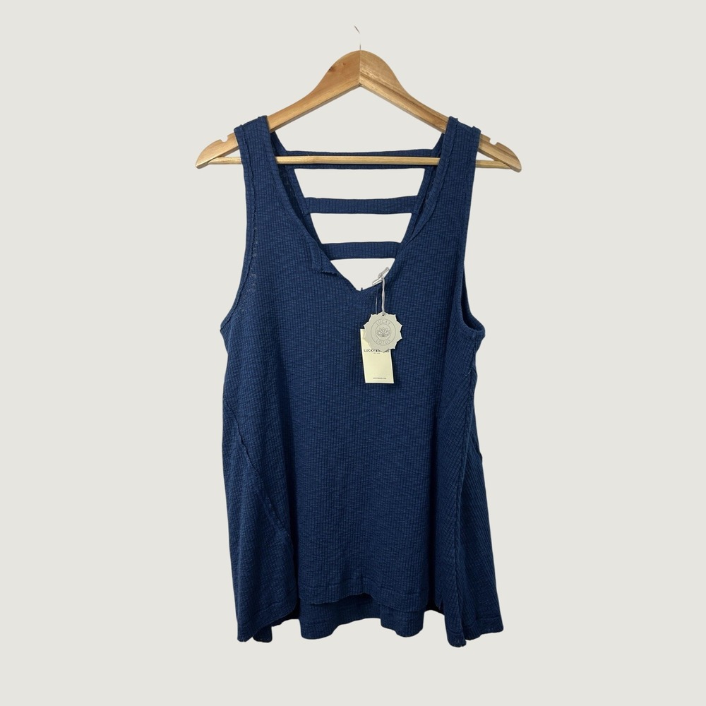 Lucky Brand Tank Top Womens XL Blue Lucky Lotus Ribbed Ladder Back 7W72050 NEW